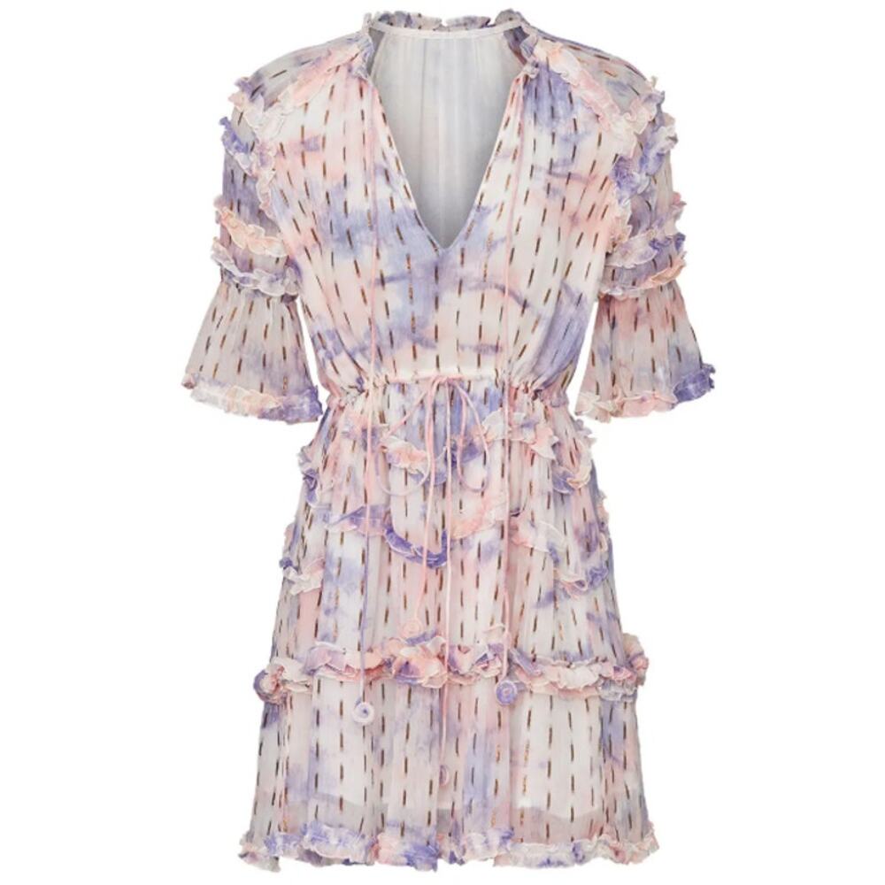 Hemant‎ & Nandita Vivian Purple Floral Chiffon Drawstring Mini Dress Women's XS